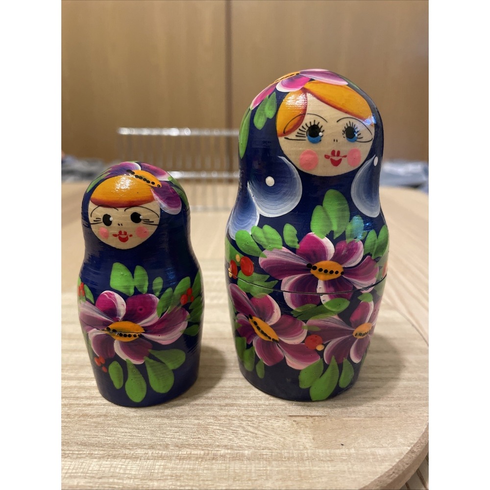 Nesting Doll Set Of 2 Floral Blue Wooden